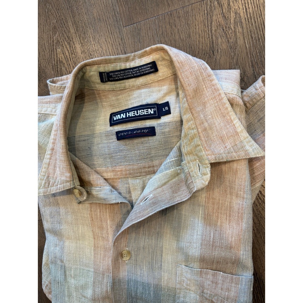 Vintage Van Heusen Over Easy Mens L Linen Boxy Pastel Plaid Short Sleeve Button